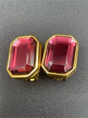 Joan Rivers Deep Pink Emerald Cut Clip On Earrings